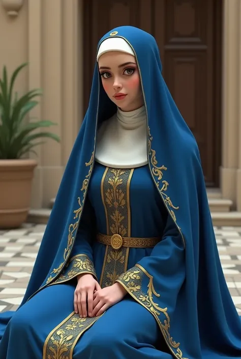 arafed woman in a blue and gold costume sitting on a tiled floor, divine render, thicc, nun outfit, artstation masterpiece, extremely detailed goddess shot, goddess. extremely high detail, pretty female cleric, nun fashion model, nun, [ 4 k digital art ]!!...