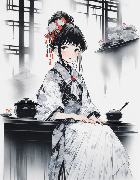 ( best quality、sketch:1.2)、 real、 illustrator、anime、 1 girl、 detailed lips from home、( Japanese Kimono:2.0)、Solid color background、 no background 、Neon Hair、 textured cutout 、masterpiece、 retro classic style 、Noir Style、Japanese Style、(white cloth apron :1...