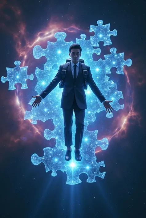 asian business man wearing a suit with jetpack flying in the galactic sky playing a giant jigsaw puzzle in hologram and its neatly arranged fit to each other, 11 piece of jugsaw puzzle, (front view:1.3), (close up:1.2), galaxy, holographic, fantasy, sci-fi...