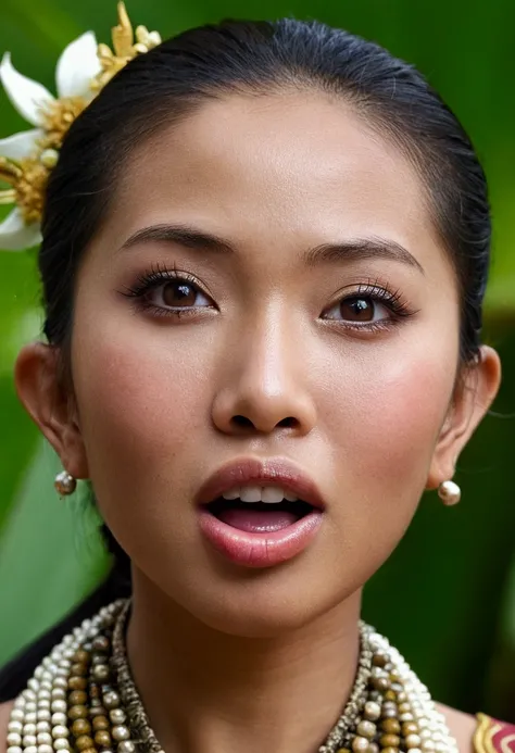 Ultra detailed photo of javanese woman, beautiful girl, highest quality realistic skin, eyes in focus, 25 years old, focus on mouth, open mouth, saliva, open mouth wide, inside of mouth visible, ponytail hair, mouth open wide, uvula visible, turn the face ...