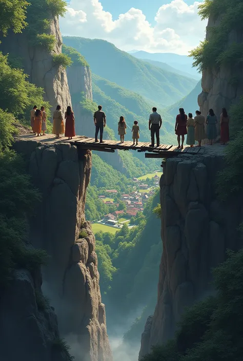 a picture of a broken bridge that separates a group of people from a village