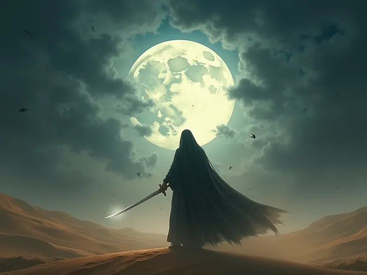 in desert, hazrat ali with no face and holding zulfiqar sword to djinn, night with full moon and with clouds