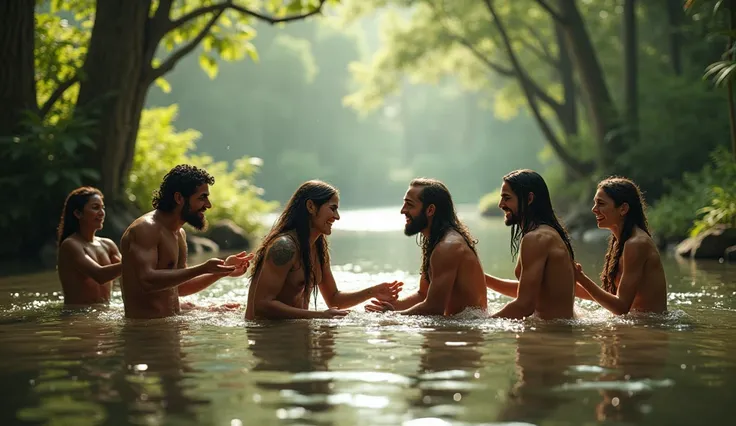 The emergence of a basic spoken language in primitive peoples. It was based on the living environment and surroundings. Talking to each other while having a bath in a river.