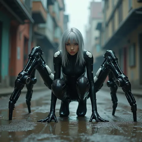 Full body shot of beautiful cyberpunk woman with silver hair, wearing black and white futuristic armor suit crawling on the ground in an abandoned city street by Guweiz. Dark art style. She has large mechanical spider legs that sprout from her back. The ba...