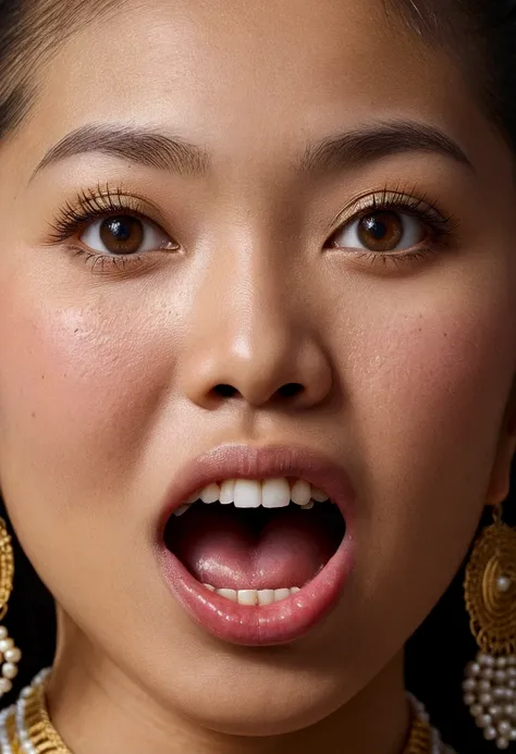 Ultra detailed photo of javanese woman, beautiful girl, highest quality realistic skin, eyes in focus, 25 years old, focus on mouth, open mouth, saliva, open mouth wide, inside of mouth visible, ponytail hair, mouth open wide, uvula visible, turn the face ...