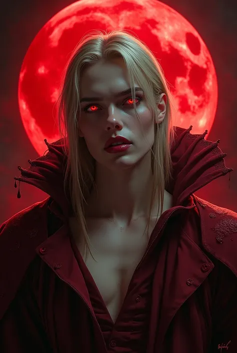 , The king of the vampire kingdom. He has blonde straight hair and blood red eyes, he looks wild. His lips are blood red and very beautiful. His mouth is open, his vampire teeth are visible. he is wearing a burgundy dress. There is a blood moon behind her....