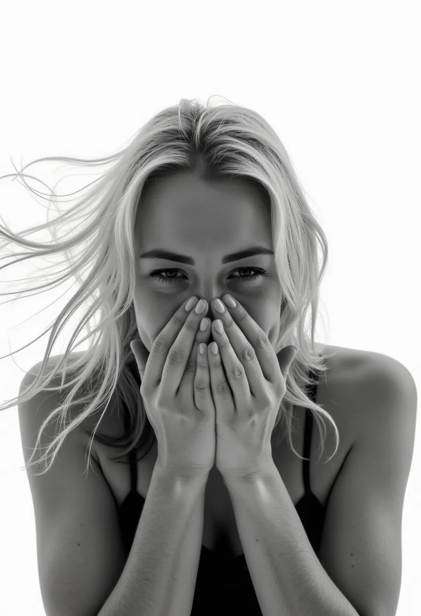 black and white extreme close-up photograph of a woman smiling and laughing, covering her mouth with her hands, staring at the v...