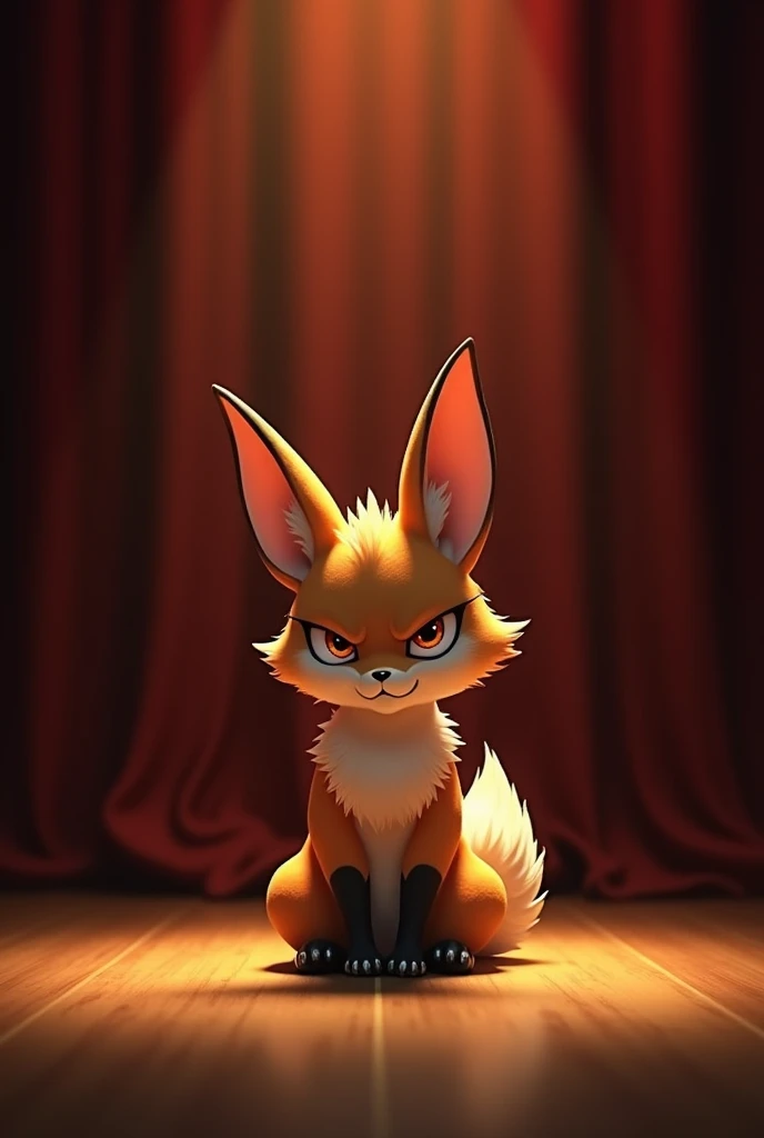 "A fox-rabbit hybrid with a fox’s sharp ears and a rabbit’s fluffy tail, sitting under soft spotlights on an empty stage with a dark red curtain." Angry mood 
