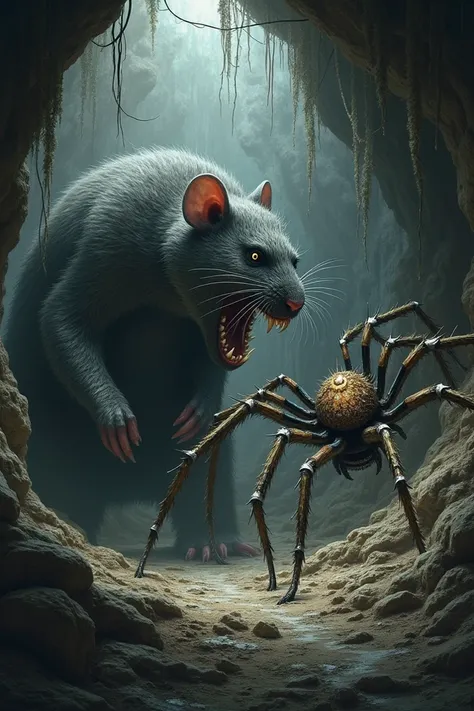 In a dark cave, a giant rat and an enormous spider face each other across a web-strewn floor. The rat snarls, its teeth gleaming, while the spider’s many eyes glimmer, and its legs twitch menacingly.
Image size ratio 9:16 