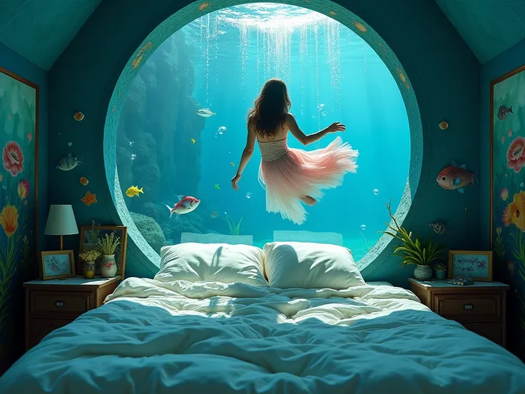 Immerse yourself in an unusual underwater bedroom where a beautiful woman floats in the air above the bed, creating the illusion of floating underwater in a beautiful mermaid-like dress, adding a colorful touch to the surreal ambiance of the room, the wall...