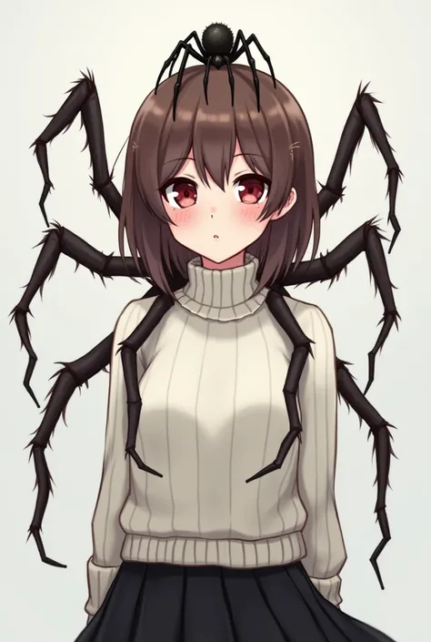  Anime spiders girls with brown hair and four full red eyes,  wears a white sweater and a black skirt .  There is a spider on her head that controls her . She also has six spider legs 