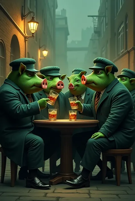 Peaky Blinders-style gang of green pigs drinking whiskey 