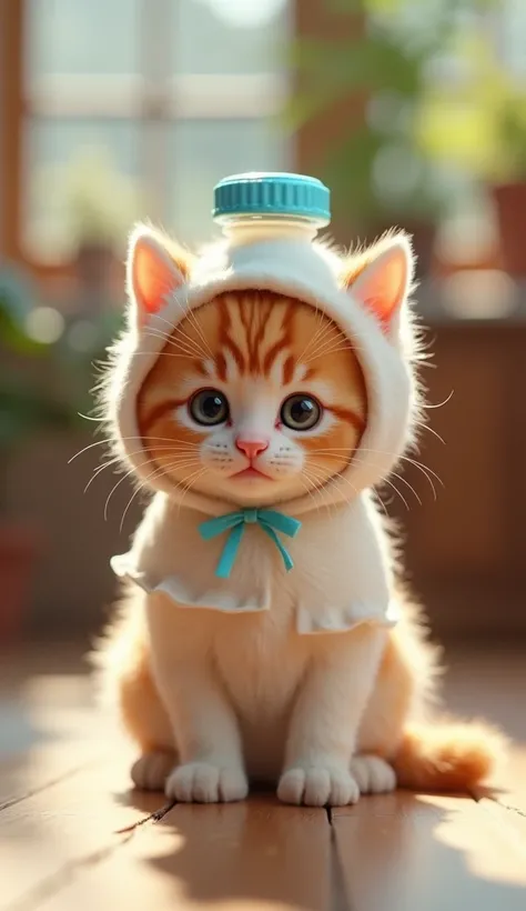 A small kitten wearing a milk bottle-shaped costume, the costume is white with a blue cap resembling the top of a milk bottle, with adorable details like a straw or label on the costume. The kitten looks playful and curious, sitting on a soft wooden floor ...