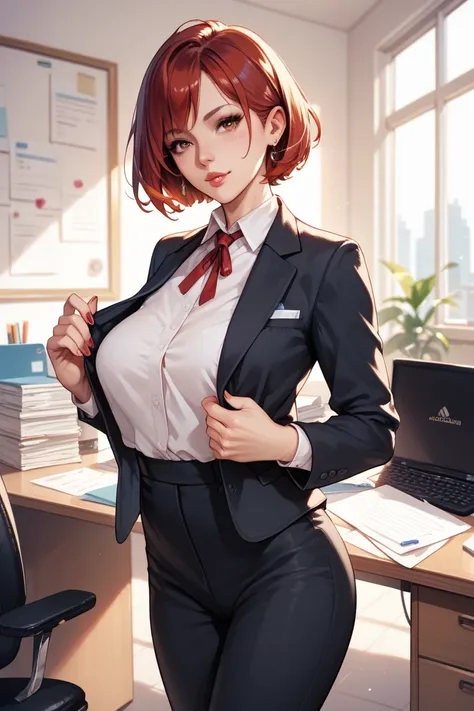 1 WOMAN, BEAUTIFUL, RED SHORT HAIR, WEARING BLACK OFFICE SUIT, OFFICE AS THE BACKGROUND, WEARING PANTS, PRESENTING IN A BOARD ROOM 