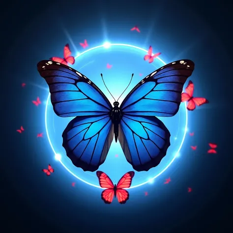 Image is a digital artwork featuring a large, vibrant blue butterfly at the center, with intricate black vein patterns on its wings. The butterfly is set against a circular, glowing blue and white background, creating a luminous effect. Surrounding the cen...