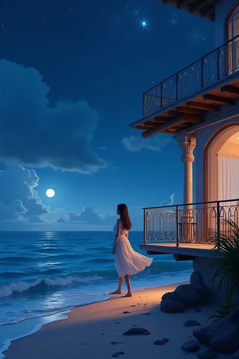 "A moonlit beach with a luxurious villa in the background. A young woman in a flowing summer dress stands on the balcony, gazing at the ocean. The setting is serene and romantic, with soft villa lights and a starry sky."