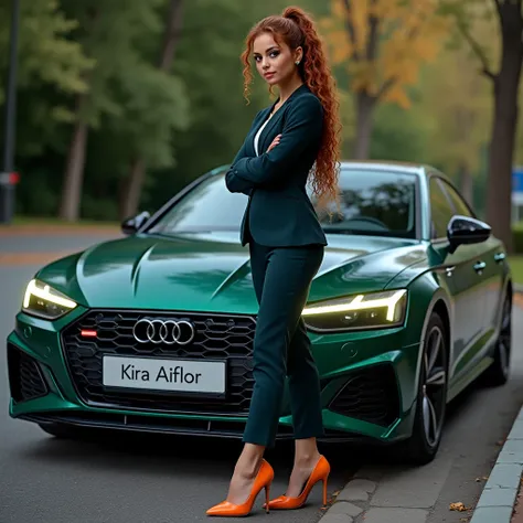   A 22y slim 178cm tall woman with bright emerald green eyes and long reddish brown curly hair tied in a ponytail is standing next to an emerald green metallic Audi A5 the lights are on and the number is the name Kira Aiflor on a paved road, she is wearing...