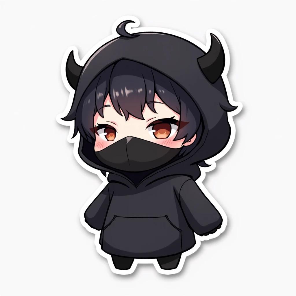 Sticker Chibi character cute girl with black hair, two horns, black mask, large black plain hoodie, wearing a hood