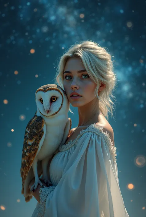 a woman in a dress with a barn owl on her shoulder, beautiful digital artwork, night sky, affinity photo, icarus, inka harpy girl, by Raymond Teague Cowern, connectivity, lucifer the star, official print, cinematic cgsociety, the sky is the galaxy, behance...