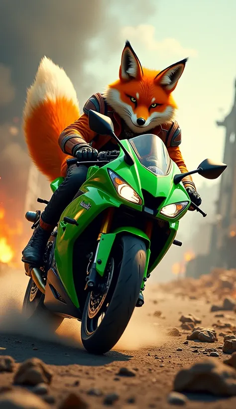 A majestic Orange fox riding a Kawasaki ZX10R motorcycle through a war zone. The background features a dramatic battlefield with smoke, destroyed buildings, and fiery explosions. The lion looks fearless and regal, its mane flowing in the wind as it grips t...