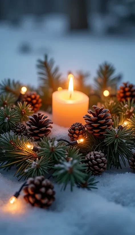 spruce twig , ozdobioną szyszkami i światełkami.  Inside the twig a candle, A twig lies in the snow  .  Lights create a warm , świąteczną atmosferę.