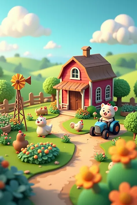 a beautiful farm, cartoon, 3d