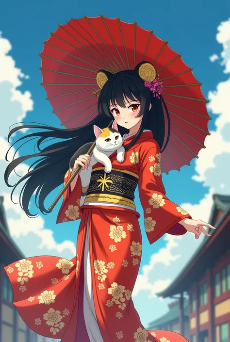 I want you to create Japanese princess Yaehime in Japanese traditional cloth.he is carrying her Japanese chubby cat on her shoulder..she is also holding the Japanese traditional umbrella and opening it and holding it..she has black long.
Make in anime styl...