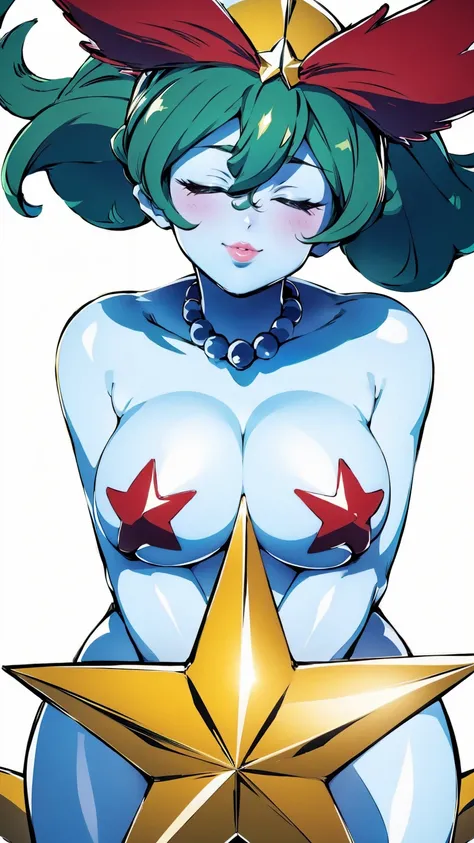 (masterpiece,best quality,ultra-delicate,Pすerfect Face,16k,high resolution,very beautiful girl),green hair ,huge gold five-pointed star shape ornament in front of the crotch:2.0, large Breasts ,pale blue skin,red five-pointed star shape nipple cover, yello...