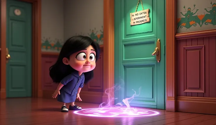 In a 3D Disney-style animation, a whimsical hallway with polished wooden floors and colorful wallpaper leads to a mysterious bathroom door. A handmade sign reads, “Do not enter – experiment in progress.” Strange, magical lights in hues of purple and green ...