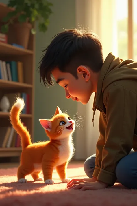 Vidio se cats tail gemoy with a cute face ,  there is an Indonesian man who is leaning on the cat wearing a jacket