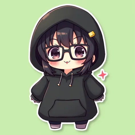 Chibi character sticker, cute girl, black hair, two square glasses, large black hoodie, wearing a hood, green point