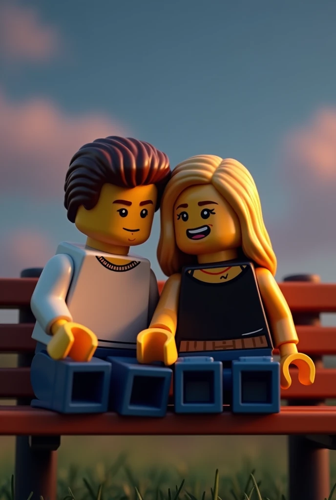 Two Lego figures cuddling on a lonely bench in the evening. They both sit next to each other and look into the distance. One is male ,  brown hair ,  brown eyes and a white T-shirt .  The other is female ,  blonde hair, blue/ green eyes and black top . She...