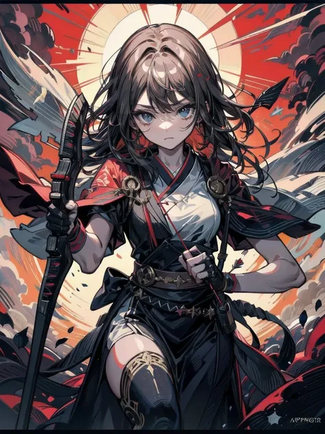 a Japanese watercolor illustration (Black, white and red colors only) of a exquisite beautiful female archer, (silhouette artwork: 1.3), aiming a bow, holding the (composite masterwork bow: 1.3)  perfectly, ready for action as the sun rises, fantasy art, )...