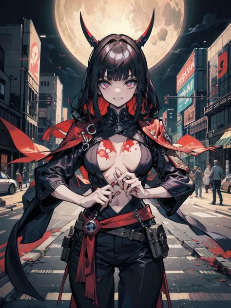 vintage illustration, cyberpunk, dark art, anime style Ilya Kuvshinov style: (female cyborg ninja) secretly moves around the city, technical sexy clothes, top with cleavage, top hugs breasts and protruding nipples bare stomach with pres muscles, wide trous...