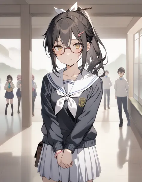 1 girl, bronze-black hair, 1 ponytail, white ribbon, pony, glasses, gloomy face, looks depressed, slightly damp face, wound being treated, yellow-black eyes, school closing, school skirt , 1 pink bracelet, hairpin on the left, thin body, class background, ...