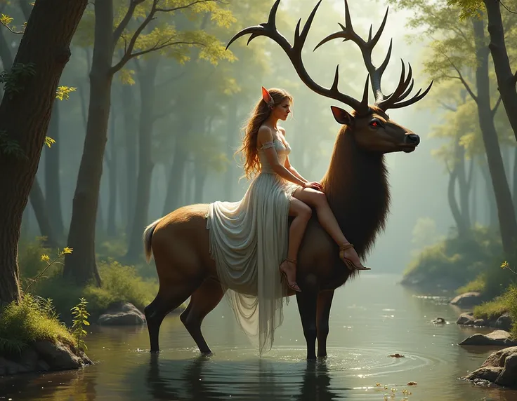 Seductive Female wood elf huntress wearing white seductive dress, brown long high heels boat, she is mounted on a red eyes giant stag. High resolution, high quality, high detailed, anatomically correct, 