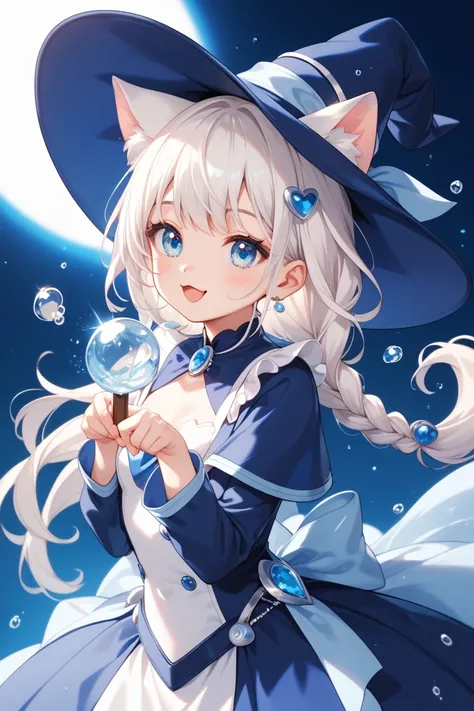  White hair braid headpiece light blue wizard hat and cat ears （Eyes light blue ：1.4） （ Light blue and white magician dress ：1.4）  Cute smiley face look of expectation  （loil：1.5） Lolli toddler beautiful flowing paw pose  （Pastel Brush ：1.3） （ Super Detail...