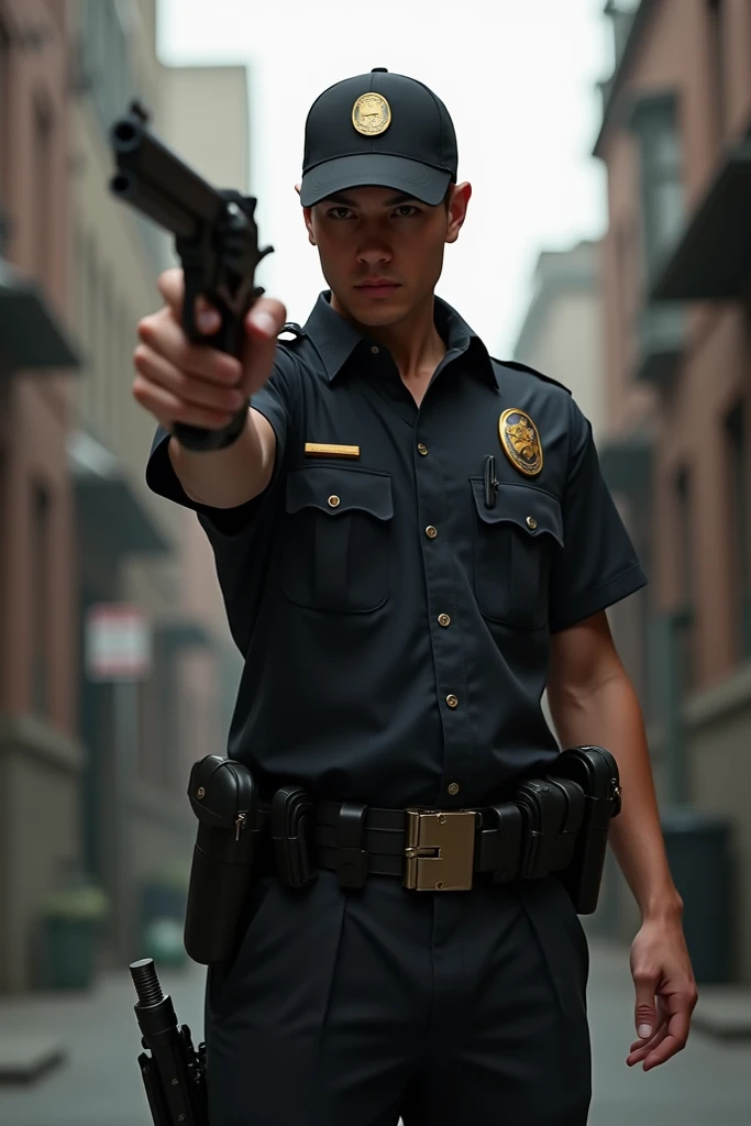 Cop in black casual clothing and cap, holding revolver gun