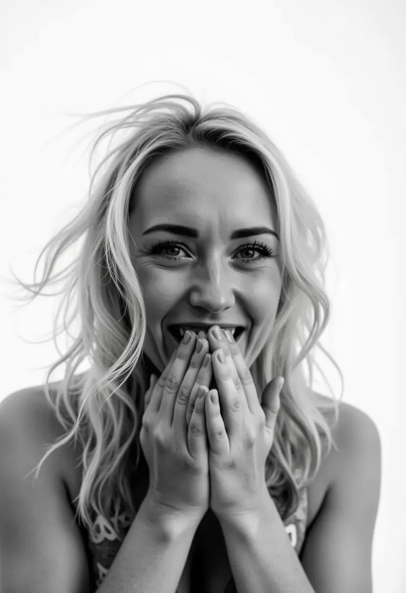 black and white extreme close-up photograph of a woman smiling and laughing, covering her mouth with her hands, staring at the v...