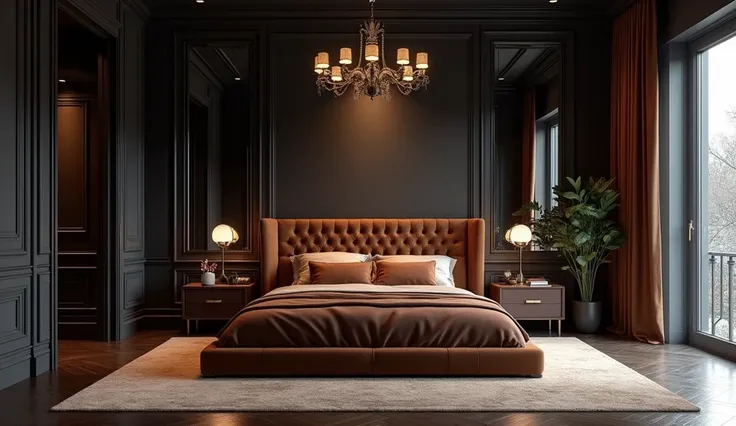 A luxurious brown and black bedroom without any side