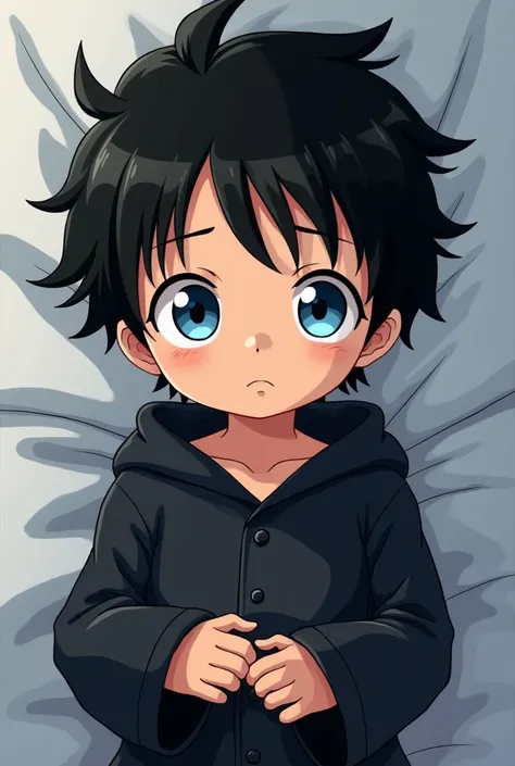 A baby boy with blue eyes 
Il a les cheveux noir et un pyjama noir 
Style animé 
Il a une meche blanche dans les cheveux 
Sa maman lui fait un calin elle a les cheveux noir long et les yeux bleu style one piece version animé 