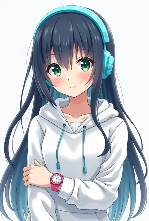 Une fille version manga, long navy blue hair with sky blue headphones on the head, une sweat à capuche blanche et des yeux vert émeraude avec une montre rose à son poignet droit