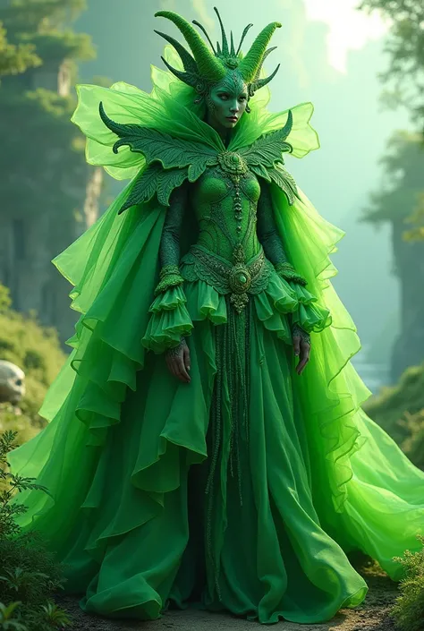 The costume is green  