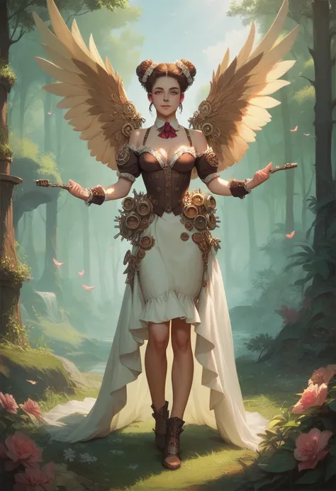 a beautiful steampunk girl standing with a steampunk flying machine behind her,forest clearing,realistic,perfect body,perfect eyes,perfect hands,looking at camera,early morning