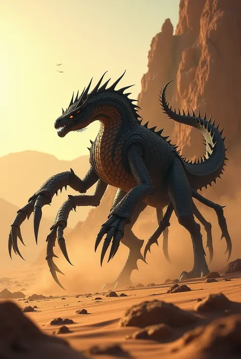 The combination of dragon with scorpion in the desert and daylight is of excellent quality and with black skin