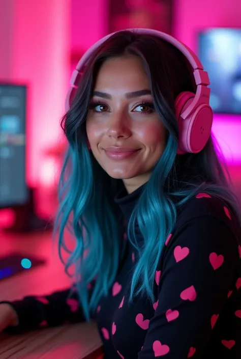 Aiana Diaz, a stunning 24-year-old woman with Danish and Italian heritage, sits confidently at her vibrant streaming setup. The camera captures her slightly from a distance, showing her stylish pink headphones resting comfortably on her head. Her flawless ...