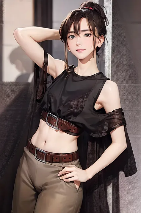  Brown hair gray eyes  , 　　 internal　Armpit sweat　　Dark appearance　 Moderation Chest 　　 belt chain 　 hair ornament　 ponytail、Crotch fully exposed