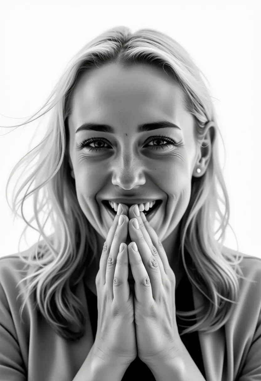 black and white extreme close-up photograph of a woman smiling and laughing, covering her mouth with her hands, staring at the v...