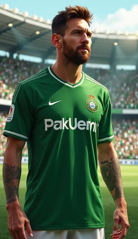 A realistic illustration of Lionel Messi wearing the Palmeiras jersey, with great detail. He is wearing the clubs classic green uniform, with the Palmeiras emblem on the chest and the sponsor faithfully printed. Messis expression is serene and confident, w...