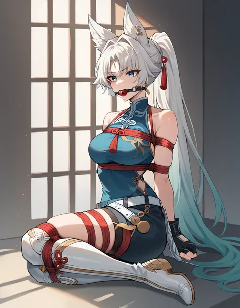 FeixiaoDefault, animal ears, long hair, ponytail, gradient hair, white hair, blue eyes, forehead jewel, ear piercing, tassel hair ornament, tassel earring, sleeveless shirt, blue shirt, chinese clothes, brooch, red tassel, bare arms, black gloves, fingerle...